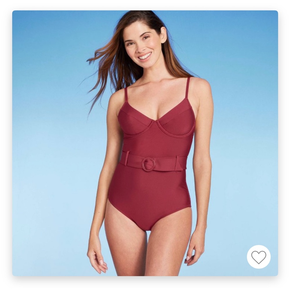 •	Red one-piece swimsuit with belt size medium.